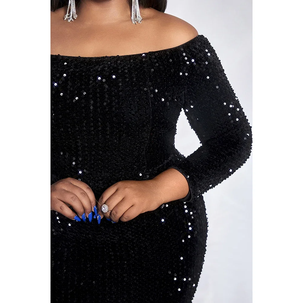 Plus Size Women Party Evening Gown Dress Black Off Shoulder Sequined with Small Mermaid Elegant Maxi Dress