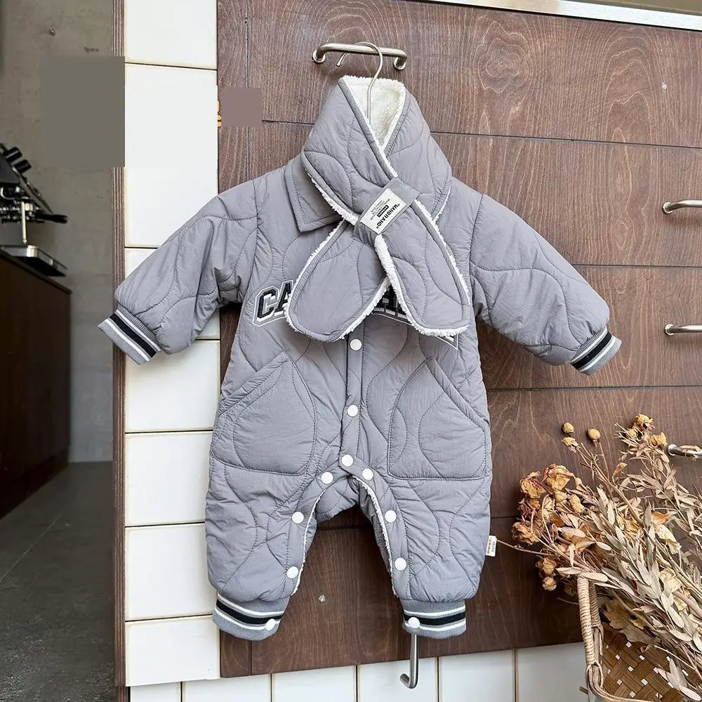 

2025 Winter New Baby Long Sleeve Fleece Romper + Scarf Infant Boy Lapel Letter Jumpsuit Plus Velvet Thick Toddler Warm Clothes