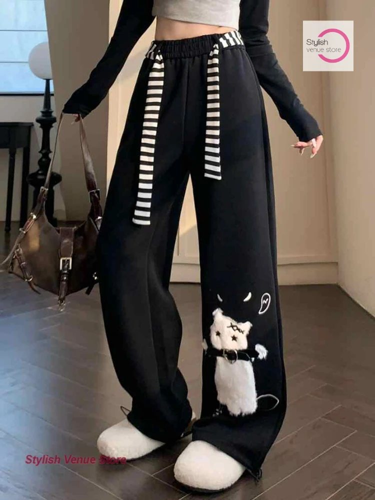 

American black plus size loose cute cat embroidered casual pants women's summer new lazy wind drooping loose wide-leg pants