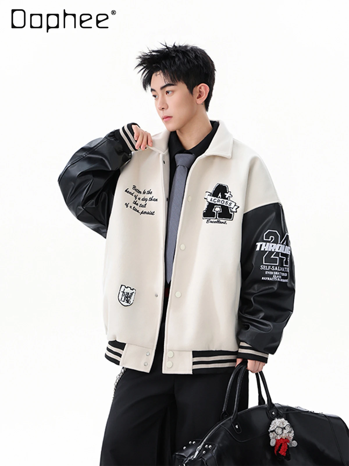 Spring and Autumn New American Style Men's Embroidered PU Leather Patchwork Gray Baseball Jacket Loose Retro Black Flight Jacket