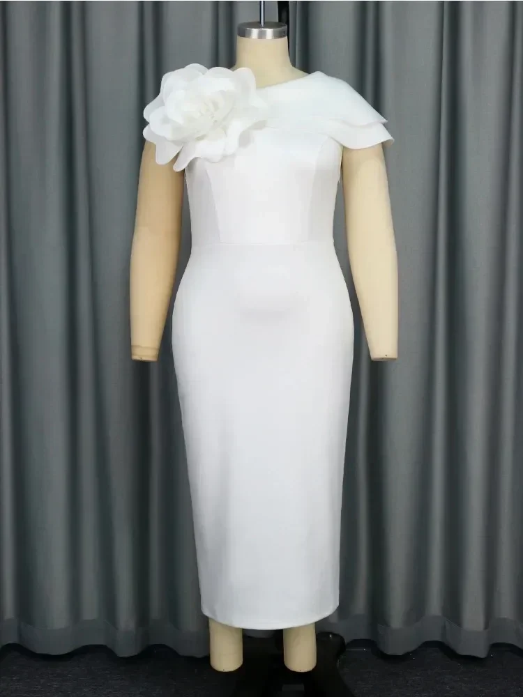 White Minimalist 3D Flower Design Slim Wedding Evening Dress Summer New Elegant Round Neck Short Sleeved Retro Wedding Dresses