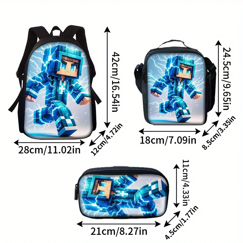 

Set of 3 Block Figure Print Backpacks - Lightweight Travel Bag, Multifunctional Storage Pouch, And Organizer | Adjustable Straps