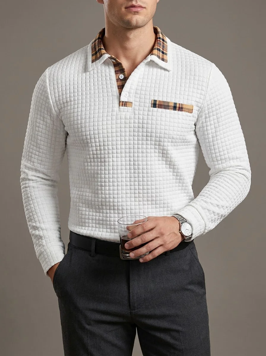 Men's Tops, Business and Office Shirts, Suitable for Daily Work Settings, Digital Print Fabric with Irregular Plaid Pattern, Non-Patterned Checkered Design, Thick Style, Long-Sleeved Collared Shirt, Textured Fabric with Square Plaid Pattern, Fashionable Casual Wear for Everyday Outfits