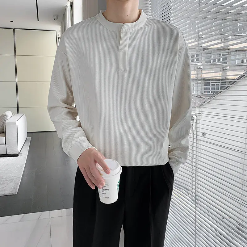

White Long Sve Hoodie Men's Spring Autumn Heavyweight Base Layer irt Aosphere Sense Henry Collar T-irt Cotton Polyester