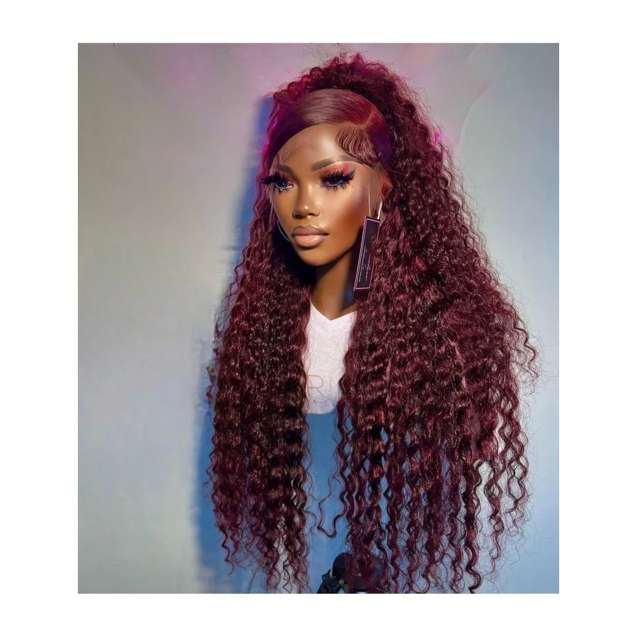 Pelucas de cabello humano Frontal de encaje transparente Borgoña 13x4 HD peluca rizada de onda profunda para mujeres 99j color rojo 34 pulgadas 200% prearrancado