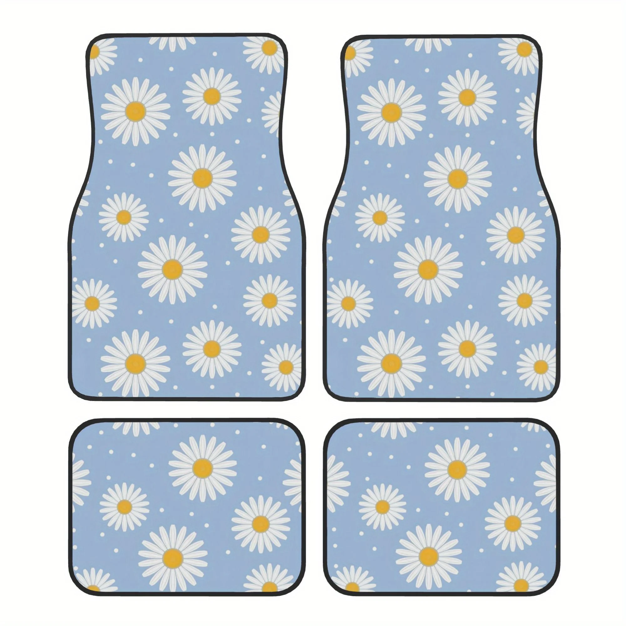 4pcs Daisy Pattern Car Floor Mats - Yellow & White Daisies On Blue Background With Polka Dots, Non-Slip Polyester Liner, Easy To