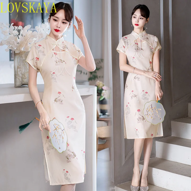 New Youth Daily Modern Chinese Traditional Retro Women's Short sleeved Slim Fit Dress