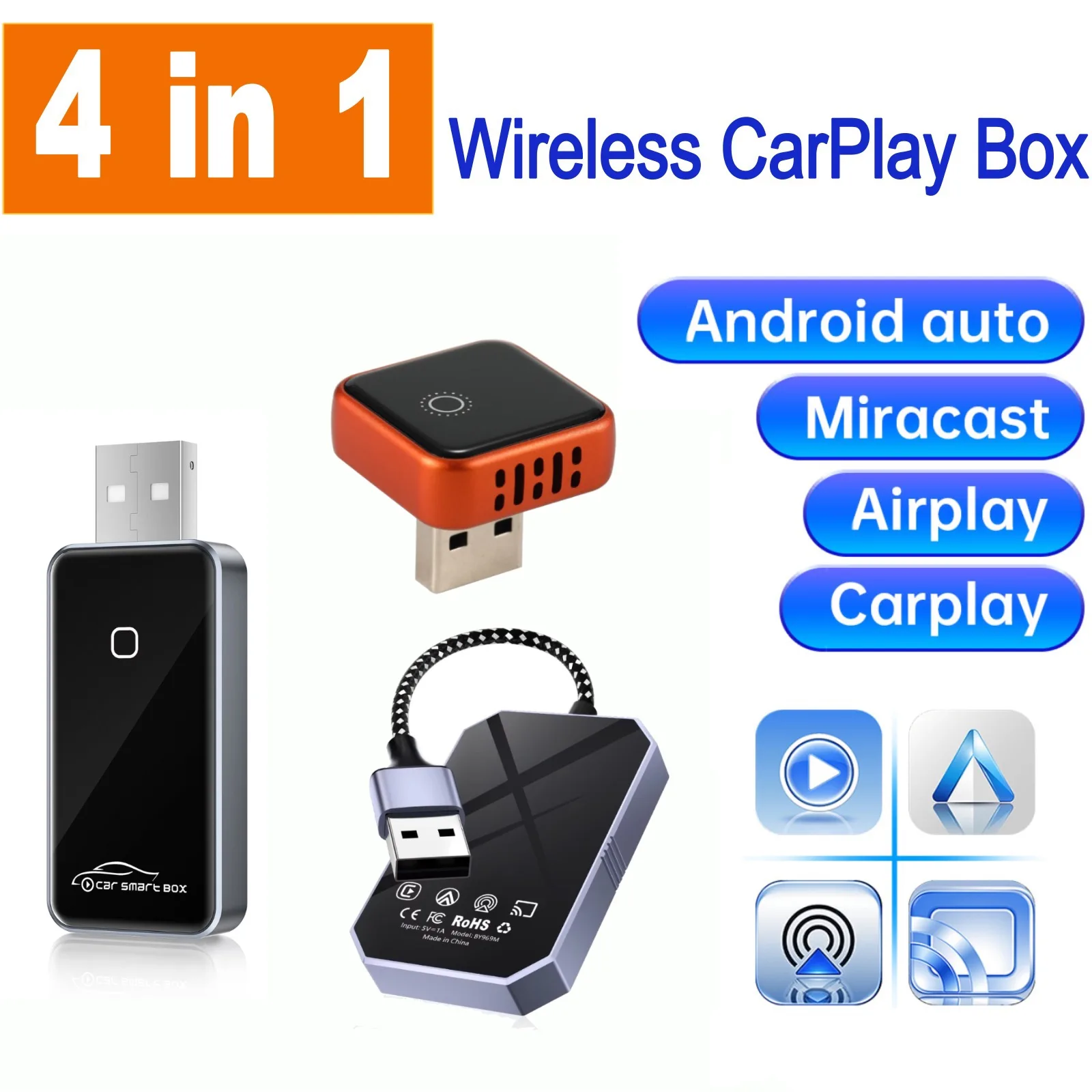 

Многофункциональный смарт-адаптер 4-в-1 с интерфейсом Type-C USB для беспроводной проекции экрана, CarPlay, AirPlay, Miracast и Android Auto