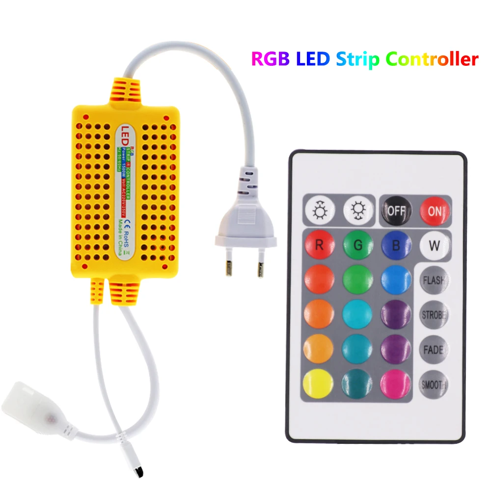 220V 1000W Waterproof RGB Led Controller with 24Key Infrared Remote Control for 220V No Wires SMD5050 60Leds/M RGB Led Strip