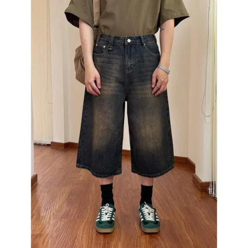 

Fashionable Summer New Retro Distressed Denim Three-quarter Straight Wide-leg Pants