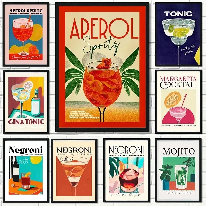 Vintage Cocktail Aperol Mojito Gin Tonic Juice Drinks Art Poster Canvas Painting Wall Prints Picture for Room Home Decor Cuadros