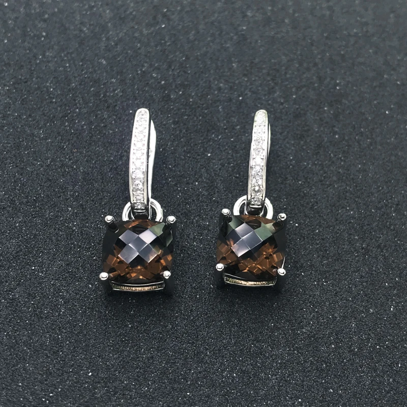 CSJ Trendy Natural Smoky Quartz Earring 925 Sterling Silver Gemstone Cushion 8mm for Women Party Birthday Christmas Jewelry Gift