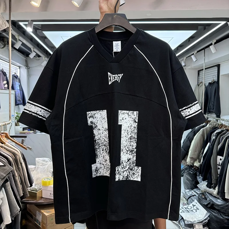 

Loose Oversize Short Sleeve T-Shirt American High Street Summer 11 Letter Print V-neck Unisex Hip Hop Trendy Youth Fashion