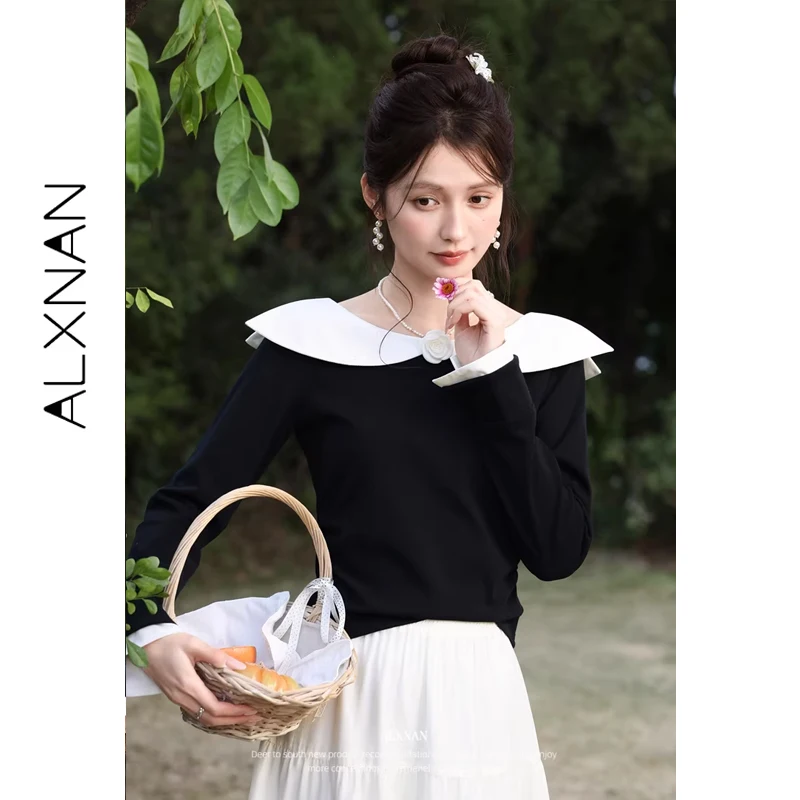 

Женская черная футболка ALXNAN, весна 2026, имитация двухслойности, французский стиль, с длинным рукавом, элегантный повседневный хлопковый топ, L61817