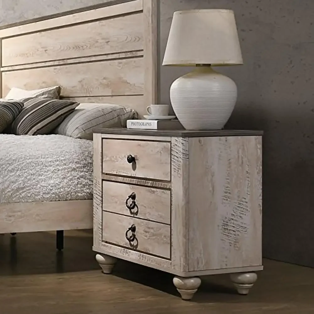 Contemporary Rustic Nightstand 3 Drawer Patched Wood Top 29.8