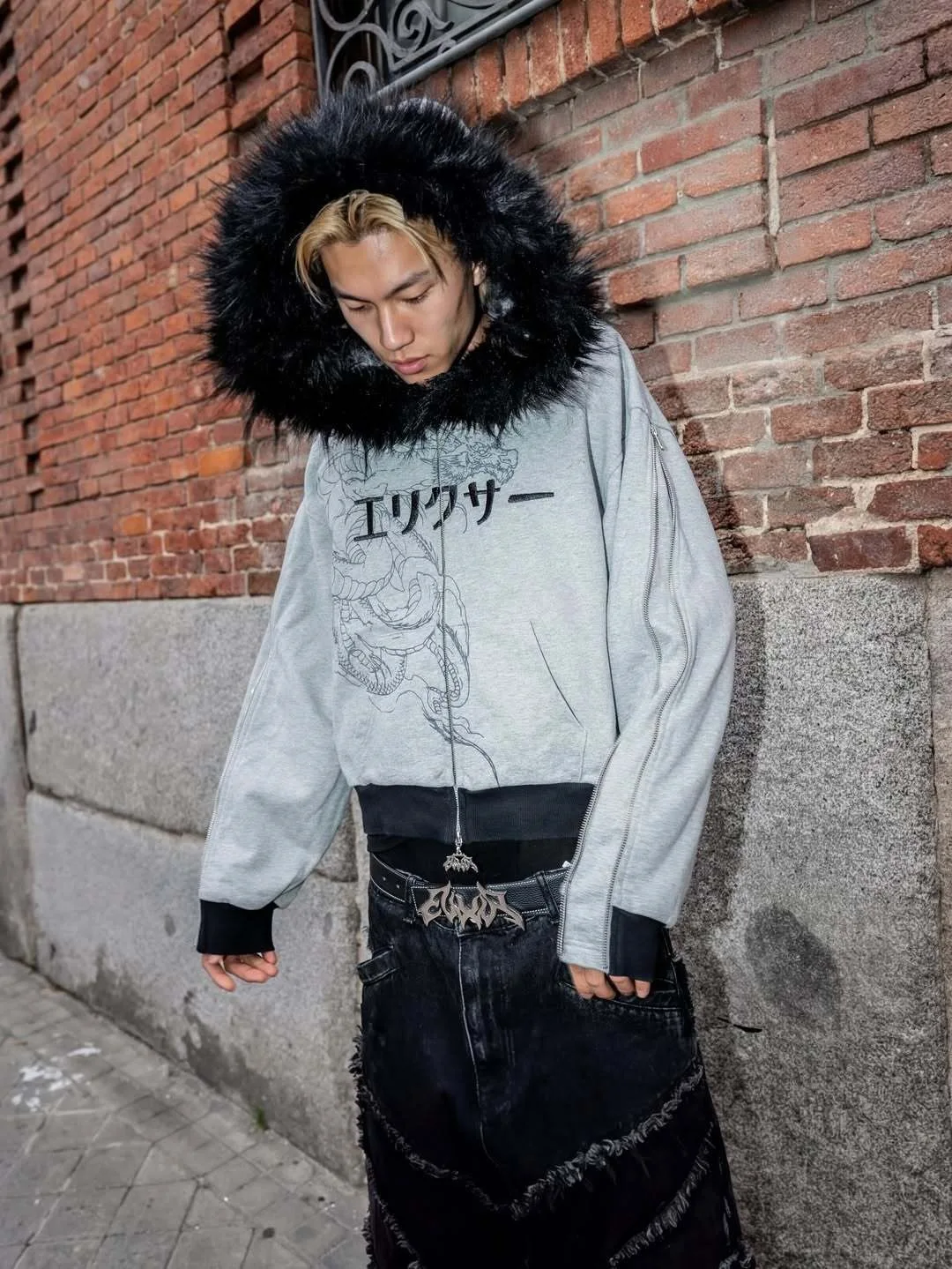 Fashion personality hooded sweater fur collar design in high street in autumn and winter Y2K Japanese printed pattern is unisex. - view 3