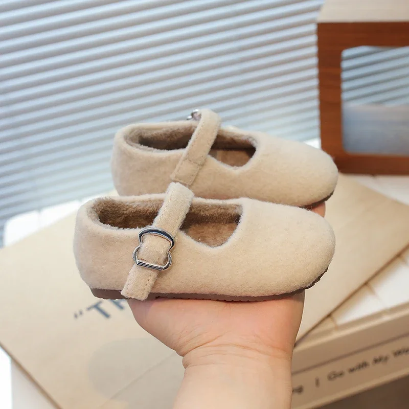 Solid Fleece Baby Girls Flats Shoes Autumn Winter Warm Plush Children Casual Shoes Hook Loop Shallow Toddler Kids Mary Janes