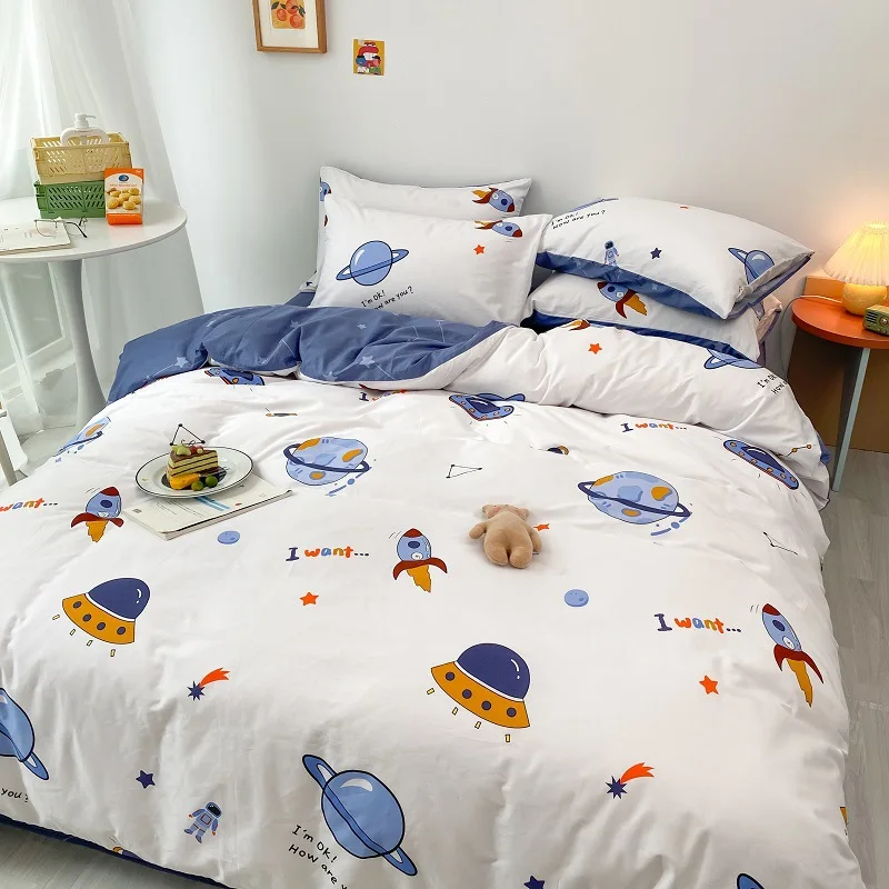 

Children's four piece set, all cotton, pure cotton, boys' and girls' duvet covers, bed sheets, dormitory three piece set, 1.35 b