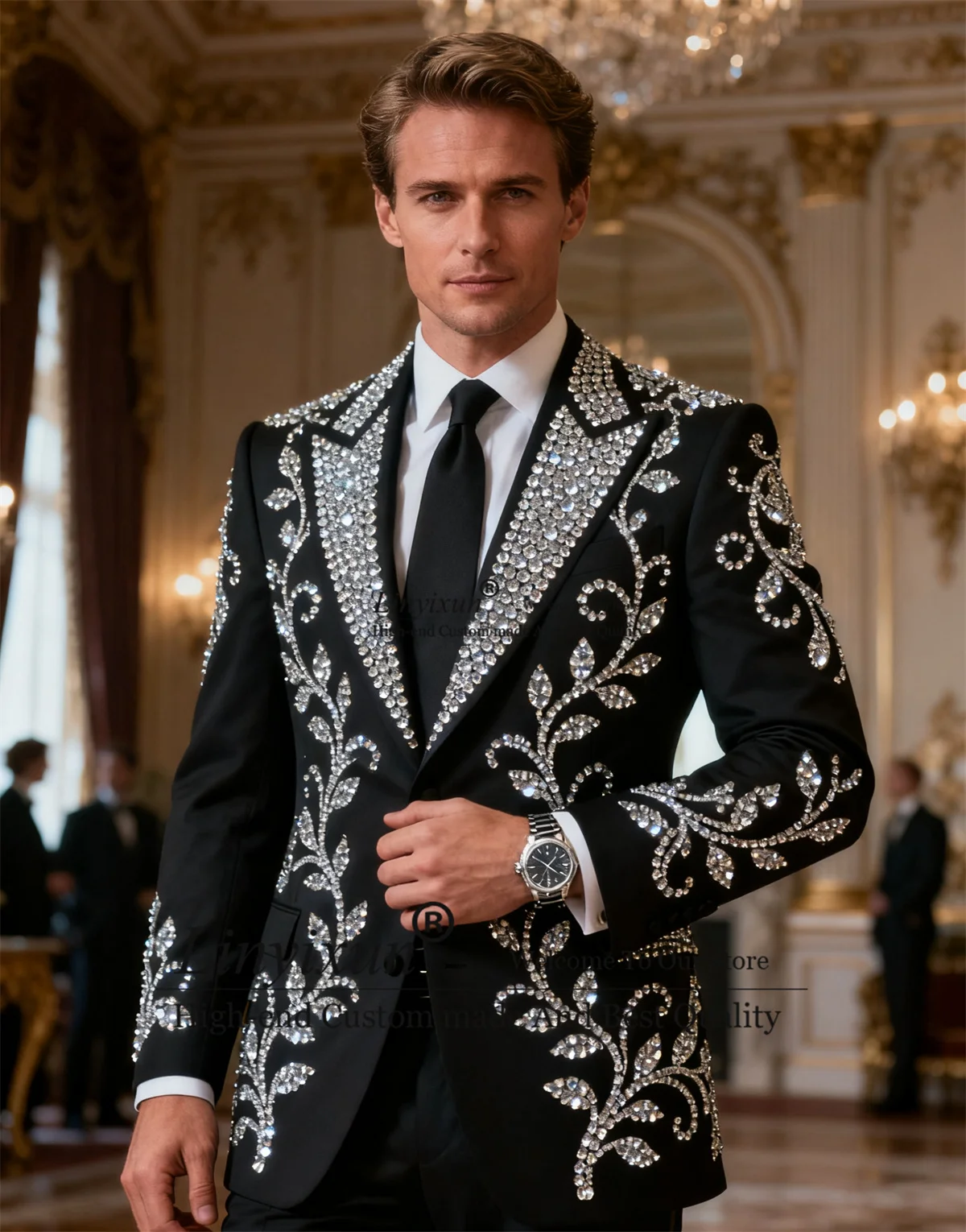 

Glitter Crystals Lapel Tuxedo Men Suits Customized 2 Piece Sets Wedding trajes para hombre Slim Fit Rhinestone Groom Prom Blazer