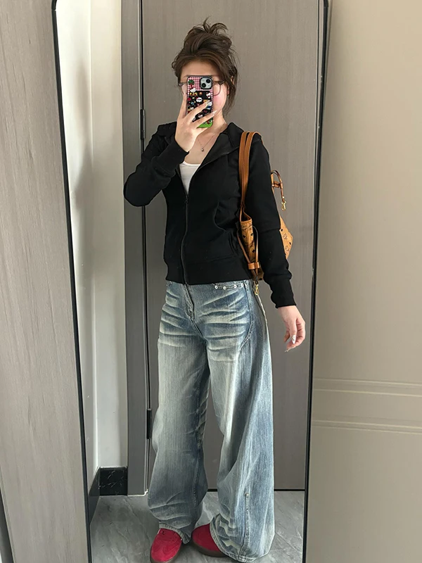 

Американские ретро-джинсы с низкой посадкой и широкими штанинами для женщин, осенние, свободного прямого кроя, джинсовые брюки с разрезами по низу.