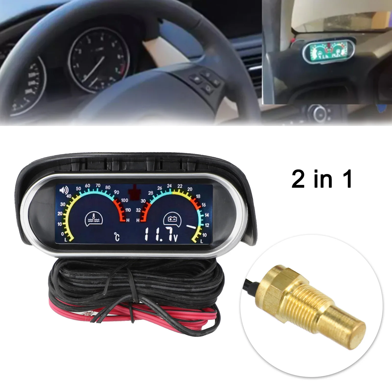 

Черный пластик 2 в 1, автомобильный датчик температуры воды, цифровой ЖК-вольтметр, сигнализация с датчиком W, вольтметр температуры воды