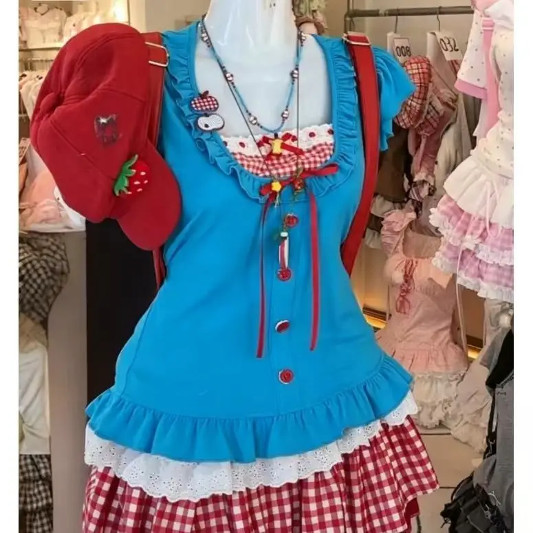 Harajuku Sweet Lolita Strawberry Blouse Blue Red Plaid Patchwork Ruffle Lace Bow Ornament Slim Fit Short Sleeve Top for Girls