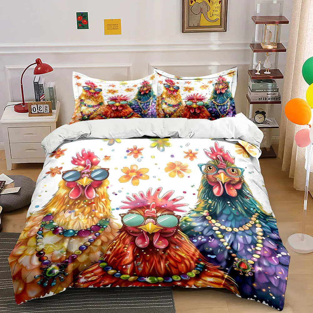 

Stylish hens with sunglasses and jewelry Pattern Duvet Cover Set Digital Print Colorful Polyester Bedding with Zipper Closur