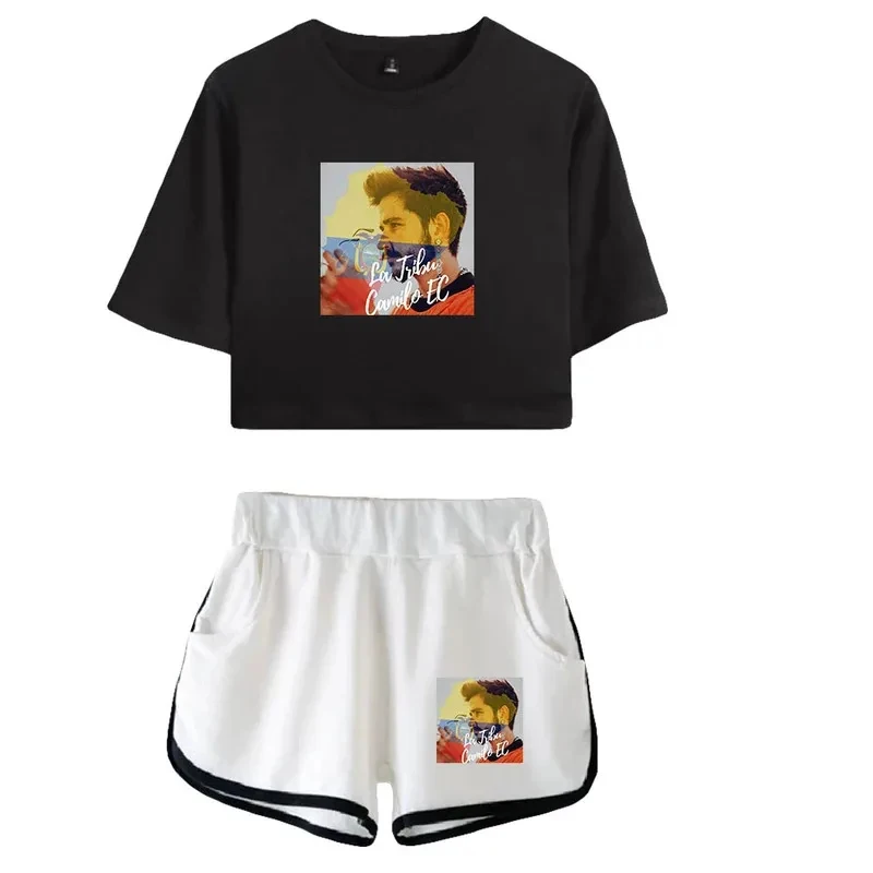 Conjunto de Dos Piezas Camilo Echeverry 2025, Top Corto de Manga Corta + Pantalones Cortos, Traje Deportivo a la Moda, Cantante Pop, Conjunto para Mujer gf;.9