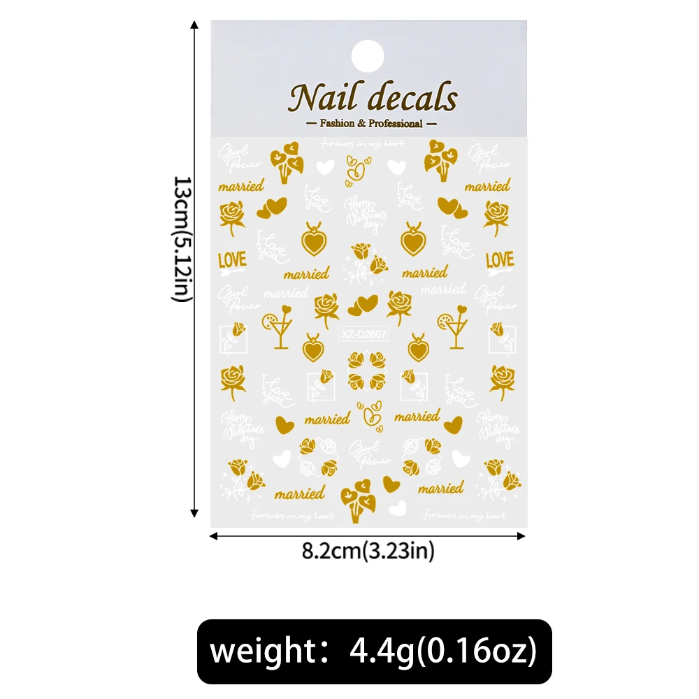 골드 레이저 러브 하트 네일 아트 스티커, 3D 발렌타인 데이 데칼, 레드 하트 입술, 자체 접착 슬라이더 매니큐어 데코, 12 개