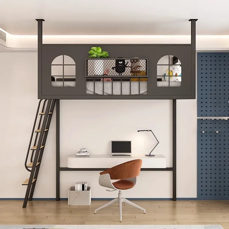 Wrought iron elevated bed loft bed empty hammock under the bed