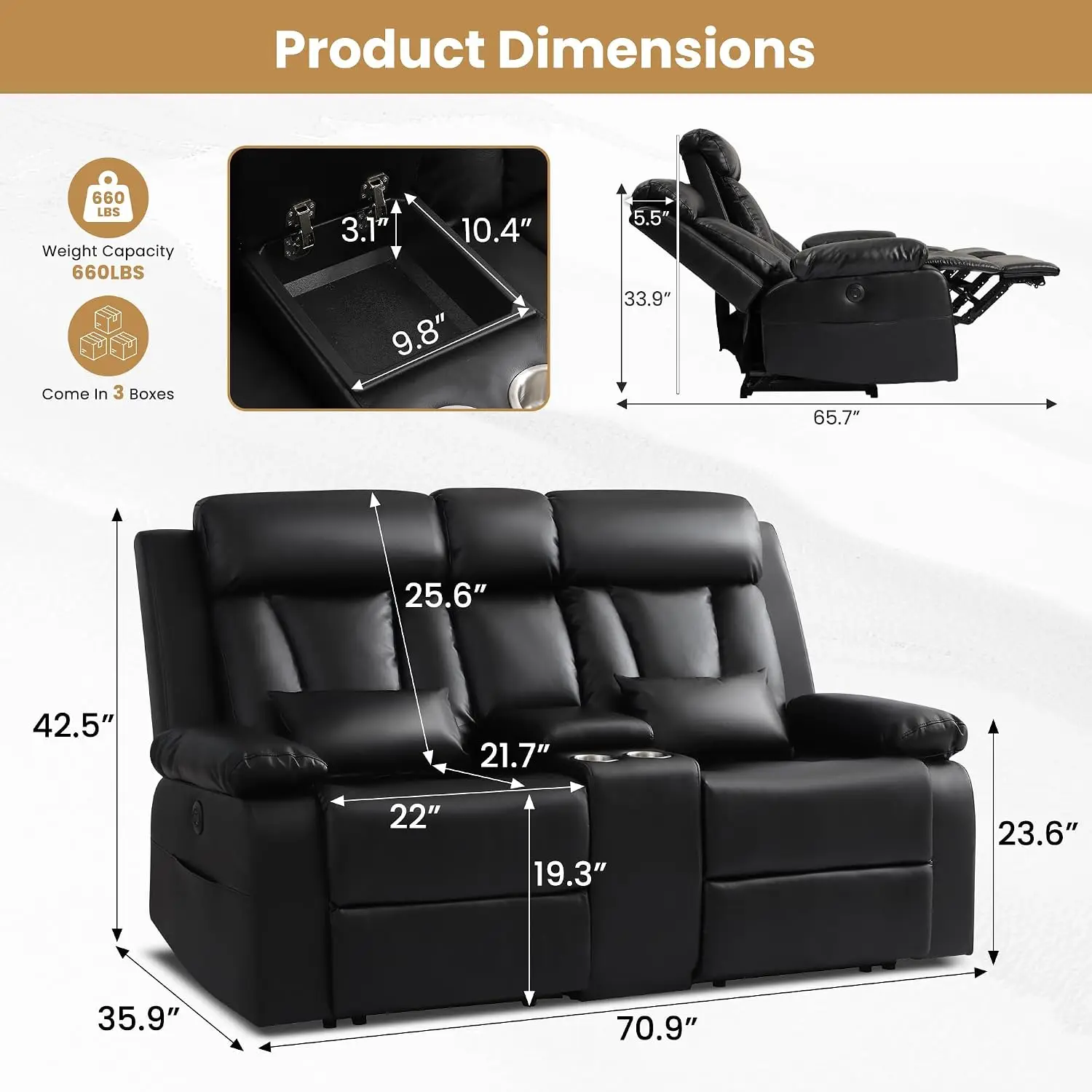 Electric Reclining Loveseat with Console & Cup Holders, Leather Power Recliner with USB & Type-C Ports, Storage Armrest & Lumbar