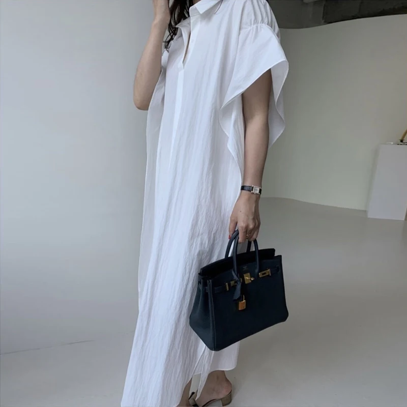 Johnature Summer New Casual Solid Color Simple Turn-down Collar Shirt Dresses 2024 Simple Ruffle Sleeve Loose Button Women Dress