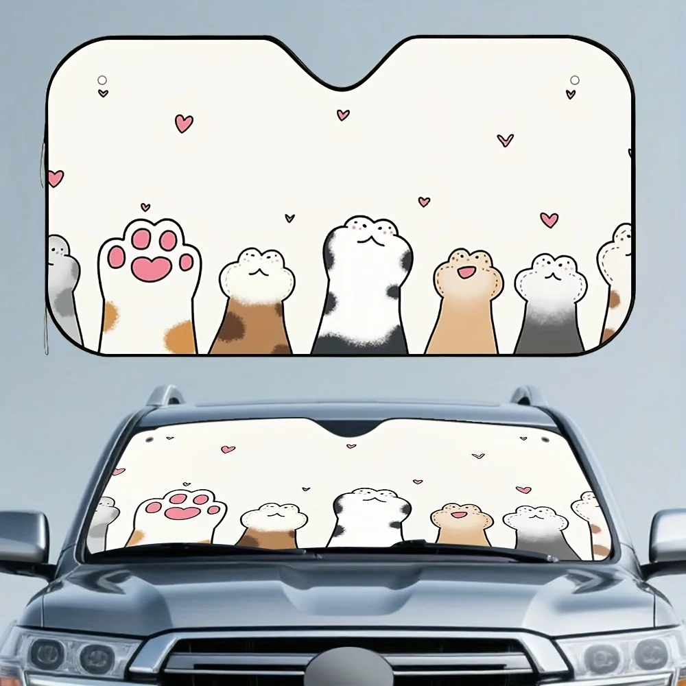 

1pc Cute Cat Claw Love Dance Design Car Sunshade - 4 Suction Cups, Foldable & Easy Install, White With Colorful Cartoon Cats & H