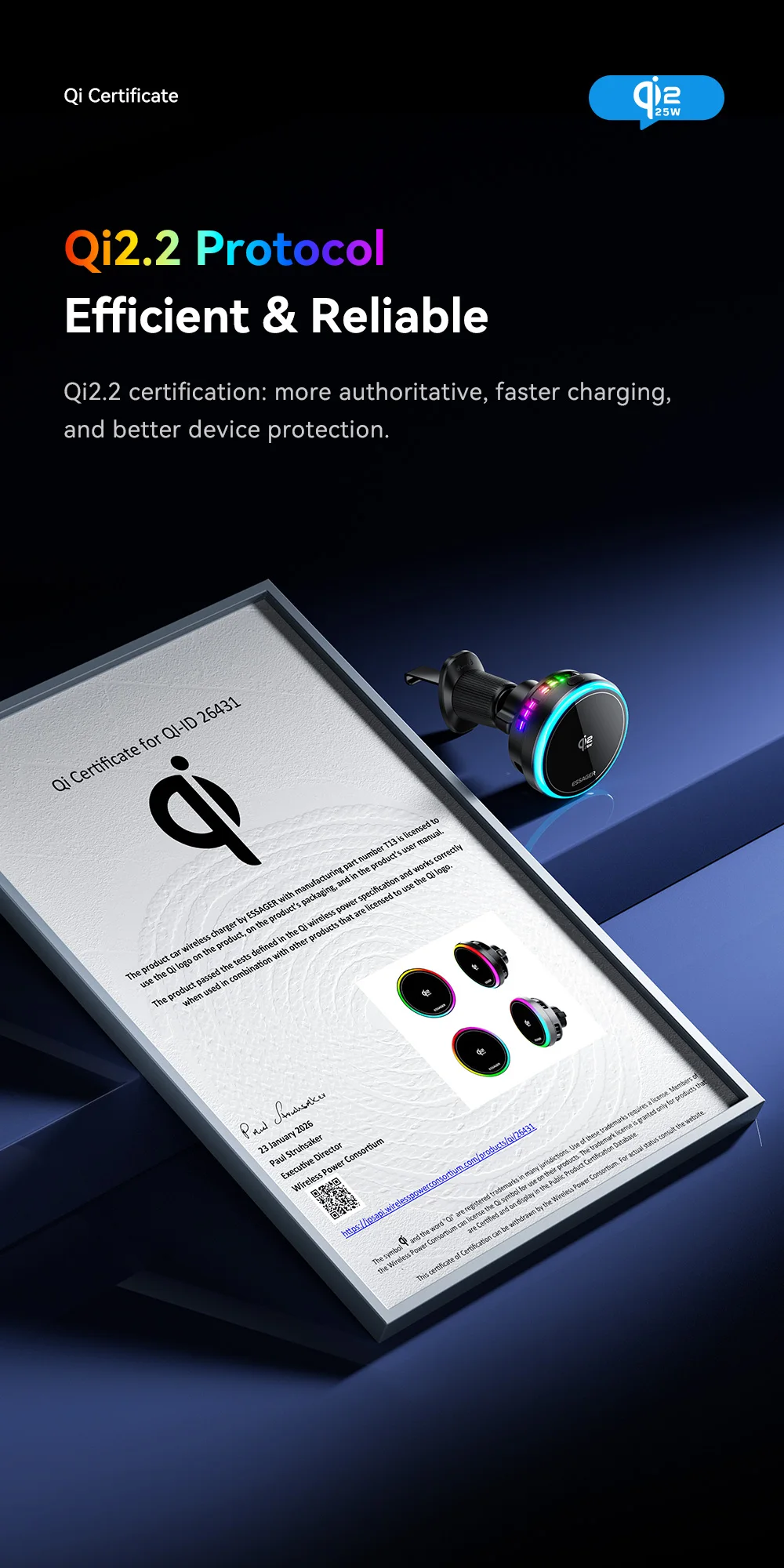 Essager 25W Magnetisches Kabelloses Autoladegerät für Huawei Xiaomi iPhone 17 16 Pro MacSafe RGB Auto-Handyhalterung Schnelle Ladestation – Detail 4