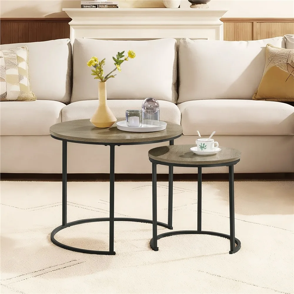 

Costoffs Nesting Coffee Table with Round Wooden Tabletop, Set of 2 Nesting Table, Sturdy Metal Base