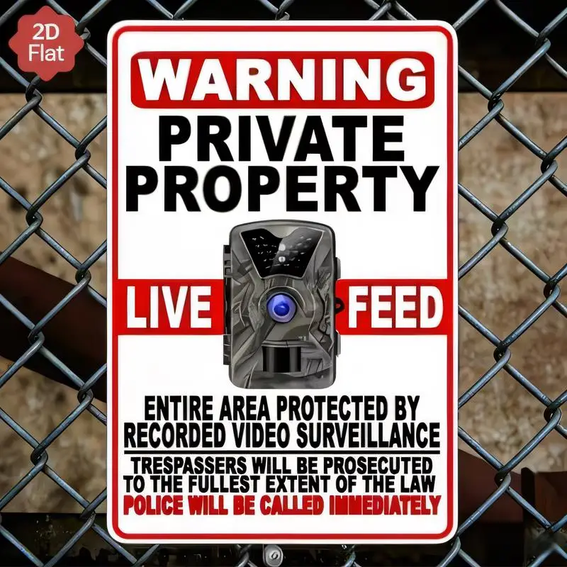 2D Flat Private Property Live Feed Camera Warning Tin Sign - Red/White Iron, Security Style, Perfect for Outdoor Fence & Propert