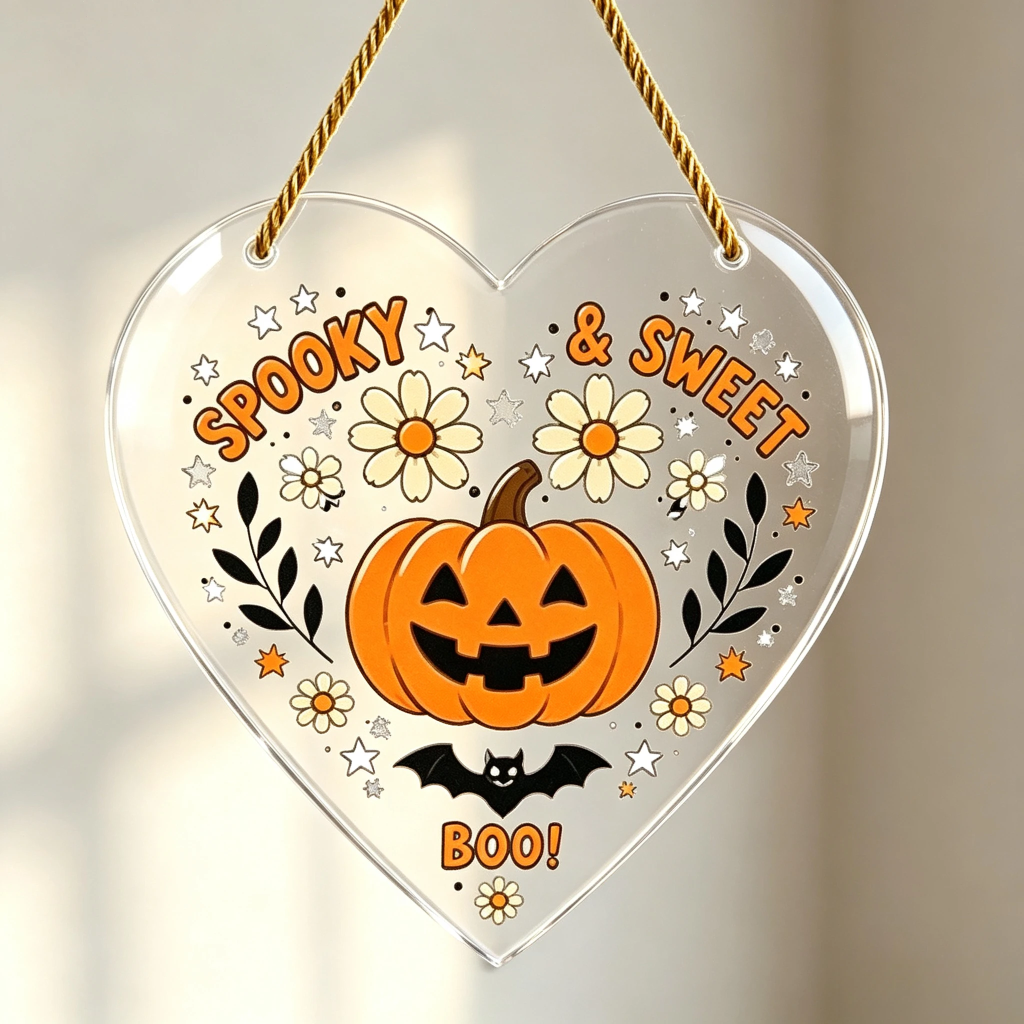 Spooky & Sweet Heart‑Shaped Acrylic Hanging Sign, Pumpkin Daisy Halloween Door Wall Decor