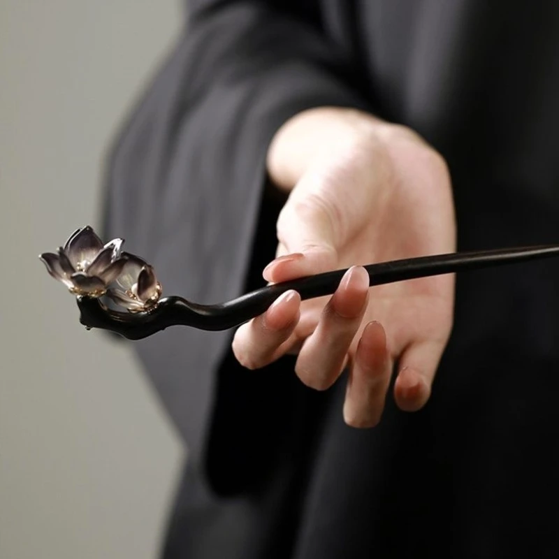 Dark Stem Hairpin with Tea-Colored Glass Flower and Metal Accent — Handheld Styling, Minimalist Design