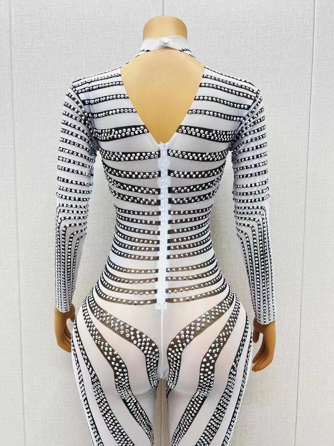 Black White Strips Rhinestones Jumpsuit Women Transparent Mesh Long Sleeve Stretch Tight Bodysuit Costume Birthday Party  Outfit