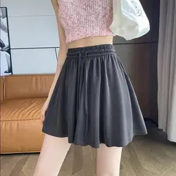 Summer Wide Leg Shorts Skirts High Waist Elastic Fashion Drawstring Basic Female Clothing Solid Color Casual Loose Folds Shorts