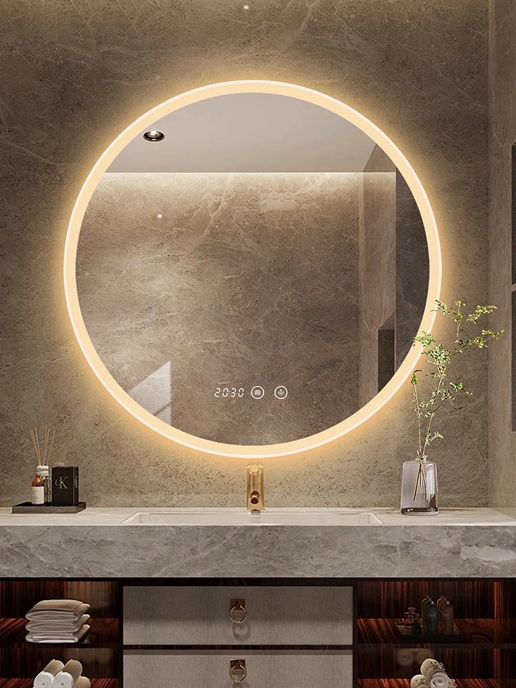 Bathroom circular mirror wall mounted luminous LED dressing and makeup bathroom with circular light