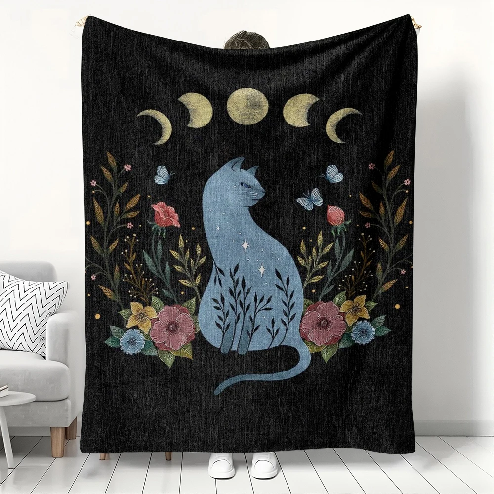 1pc Mysterious style blanket gifts lunar phase Cat Moth flannel Blankets for men women fantasy healing gifts four season use