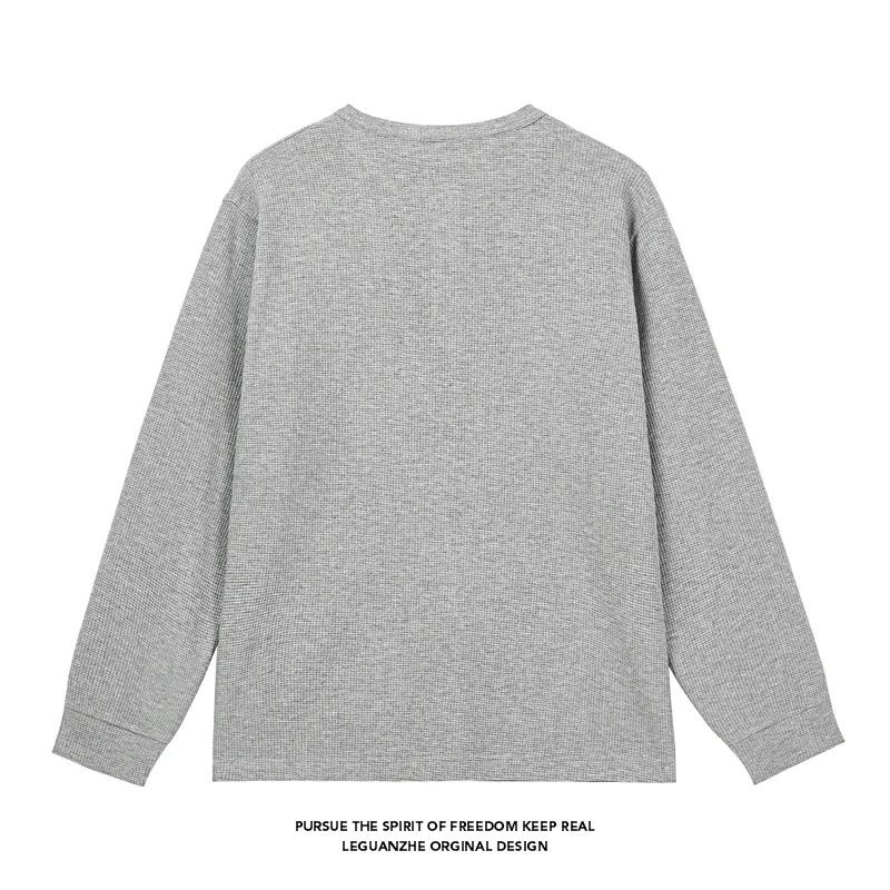 Men's Waffle Knit Henley Long Sleeve T‑Shirt 3‑Button Placket Casual Loose Fit Crew Neck Daily Top Shirts image 2