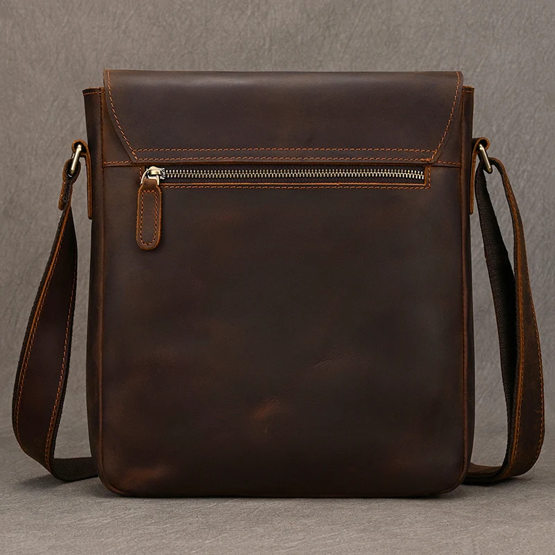 Vintage Crazy Horse Leather Men Bag iPad Cow Leather Flap Shoulder Bag Zip Around Casual Crossbody Bag Cowhide Male Briefcase