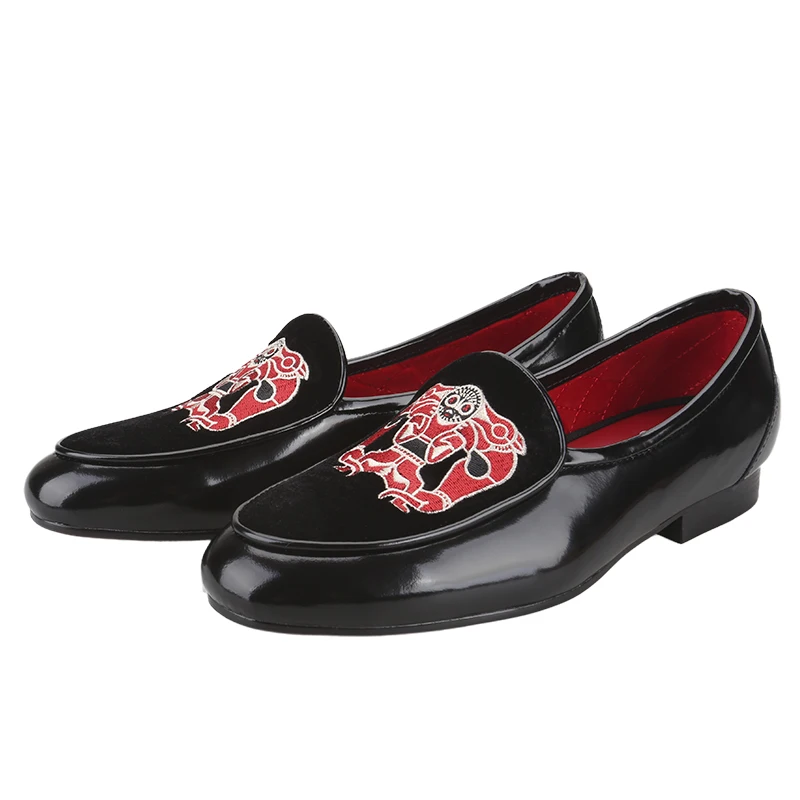 Piergitar Black Calfskin And Suede Patchwork Men Loafers With Handmade African Tribal Pattern Embroidery Slip-On Style Slippers
