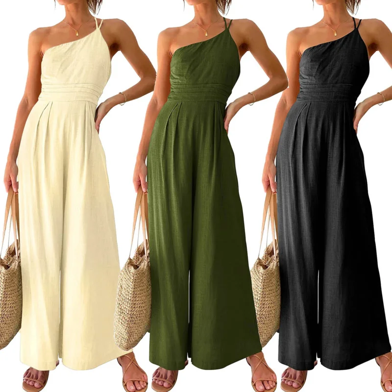 Office Jumpsuit Summer New Women Solid Color Straps One Cold Shoulder Overall Pleated High Waist Casual Wide Leg Jumpsuit Romper