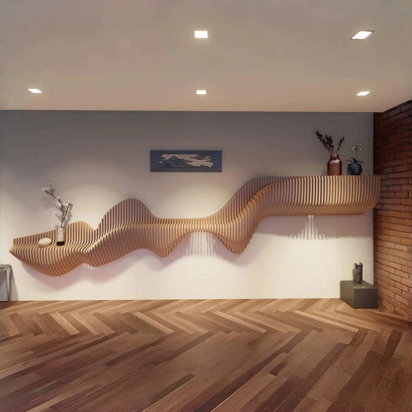 

！@Large Natural Wooden Wall Artwork Wavy Curved Shape Mounted for Lounge Office Mall Hotel Lobby Villa