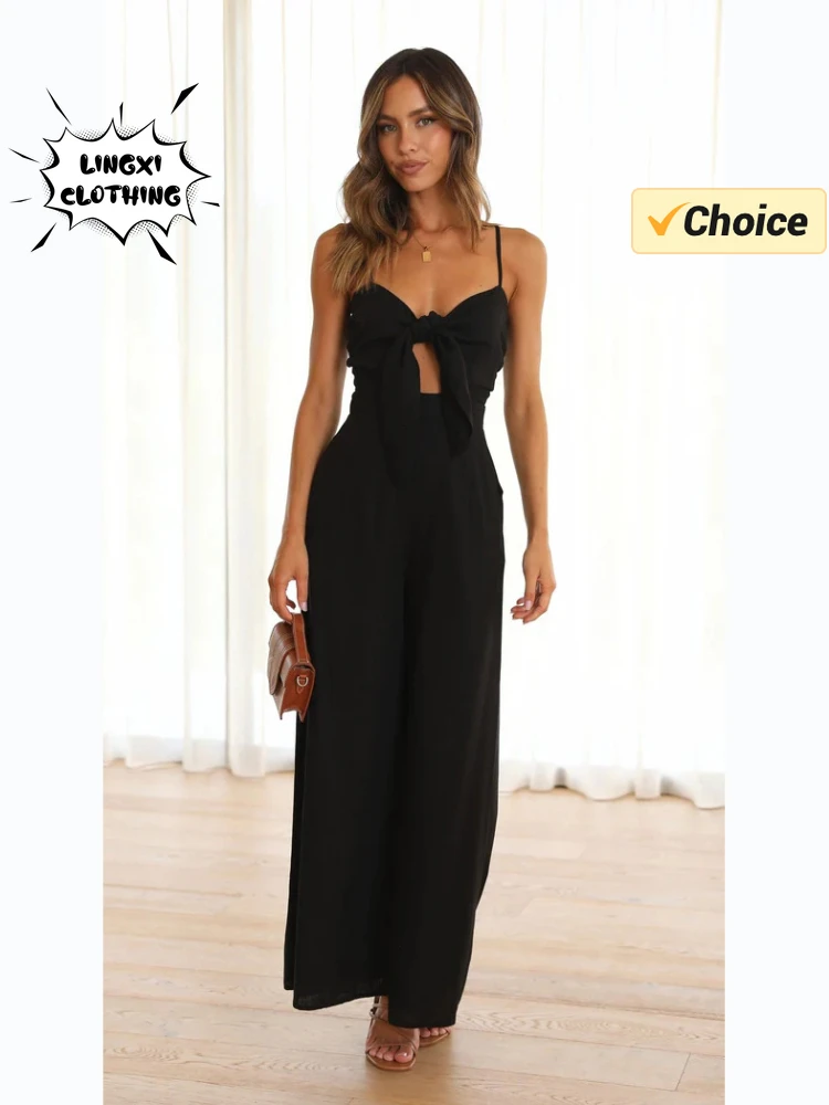 2024 Summer Fashion New Vacation Style Women\'s Jumpsuit Solid Color Temperament Slippery Strap Sexy Jumpsuit Wide Leg Pants