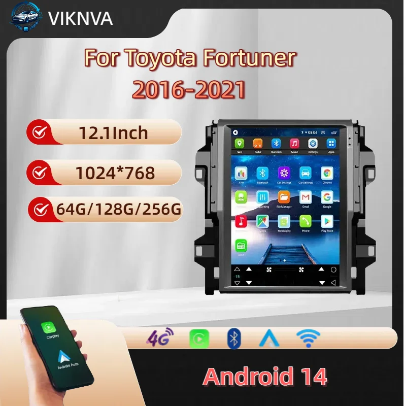 For Toyota Fortuner 2016-2021 12.1'' Android14 Vertical Screen Car Radio Multimedia Player GPS Navi Stereo Carplay BT 4G Auto