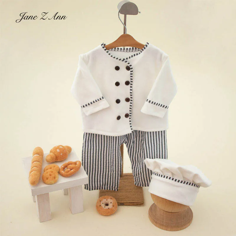 

Newborn baby chef photo outfit set white chef hat jacket striped pants felt bread props unisex infant photo costume for studio